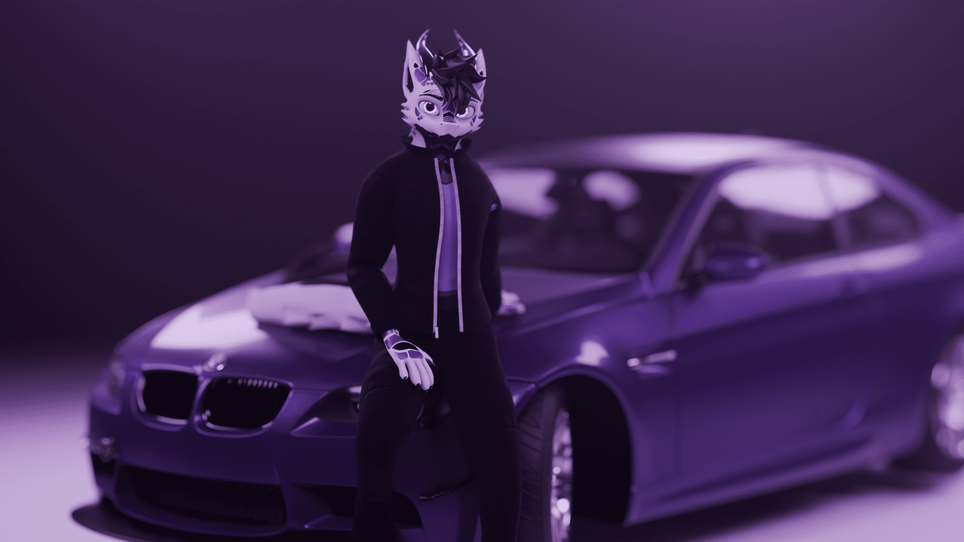 A render of Reality.exe's sona 'Loki' leaning on his car